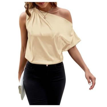 Imagem de Camiseta feminina de cetim com ombro de fora e manga morcego de manga coberta 2024 cor sólida elegante com cinto, B, M