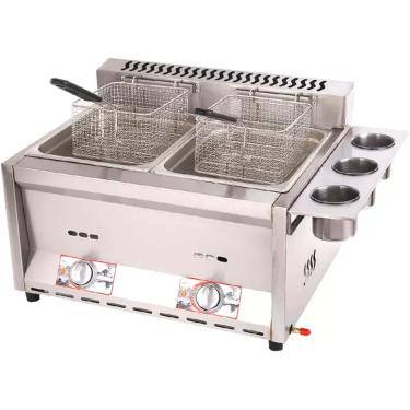 Imagem de Fritadeira comercial, fritadeira a gás de aço inoxidável 2x10L com tampa, frigideira de tanque duplo de bancada, botão de controle de temperatura independente, para batatas fritas, batatas f