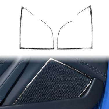 Imagem de 2 peças de painéis de porta interna da porta dianteira esquerda e direita do carro, molduras de alto-falantes de porta, cor preta e vermelha, decoração de fibra de carbono compatível com modelos Porsc