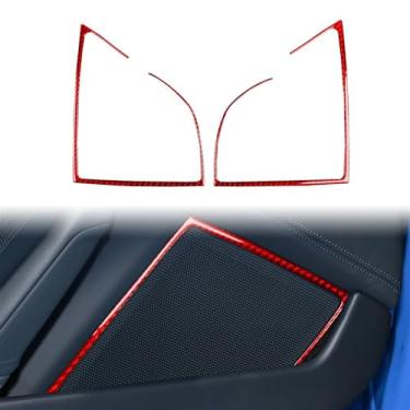 Imagem de 2 peças de painéis de porta interna da porta dianteira esquerda e direita do carro, molduras de alto-falantes de porta, cor preta e vermelha, decoração de fibra de carbono compatível com modelos Porsc