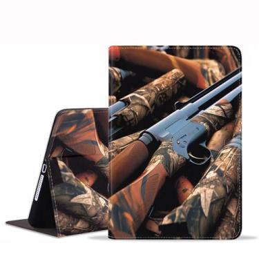 Imagem de Capa para iPad 9.7 2018/2017, iPad Air 2, iPad Air, Pro 9,7, capa protetora de couro, suporte ajustável, capa inteligente de despertar/hibernar automática para iPad 6ª/5ª geração – Duck Hunting Camuflagem Shotgun Bullets Decoy