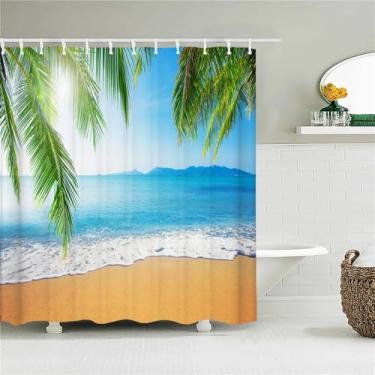 Imagem de Cortinas de chuveiro com cenário de praia, mar, oceano, mediterrâneo, cortina de banheiro, tecido impermeável, decoração, 1,W300xH180cm