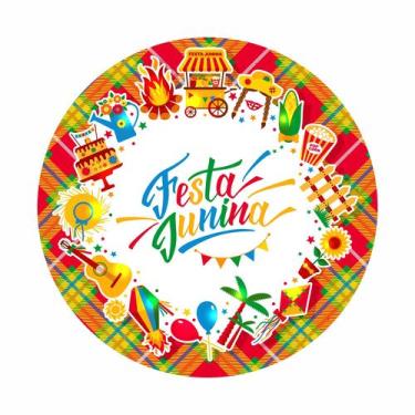 Imagem de Painel de Lona Redondo Festa Junina Arraiá Xadrez Colorido Fogueira Ba