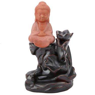 Imagem de Kuuleyn Queimador de incenso de refluxo cascata suporte de incenso de cerâmica empilhada pedra zen cachoeira queimador de incenso decoração de casa ornamento de aromaterapia (Buda e base vermelha)