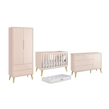 Imagem de Dormitório Theo 2 Portas, Cômoda Com Porta Rosa Com Pés Madeira Natural E Colchão D18 - Reller Móveis Rosa