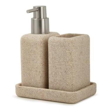 Imagem de Jogo De Banheiro Linho Dispenser Copo Bandeja Mart 3pcs 18407