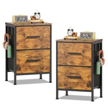 Imagem de Mesa de cabeceira com 2 gavetas, conjunto de 2 mesas laterais verticais com gavetas de tecido e 2 ganchos laterais, mesa de cabeceira, mesa de cabeceira e cômoda pequena para quarto, corredor,