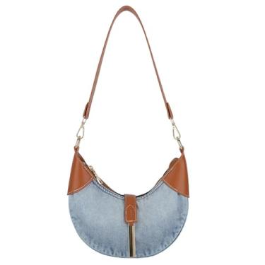 Imagem de CORIOS Bolsa de ombro jeans feminina retrô elegante alça superior bolsa jeans bolsa feminina bolsa clássica nas axilas, Azul, Large