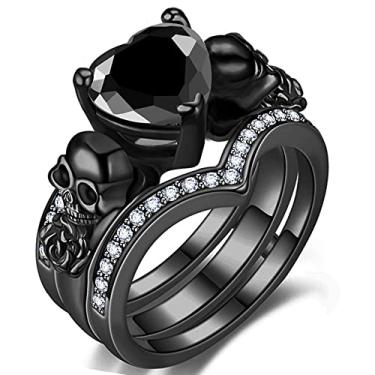 Imagem de GTISKL Conjunto de anéis pretos de crânio gótico feminino rosa flor vermelha roxa coração amor zircão cristal Natal aniversário noivado dia das mães presente coquetel festa motociclista joias, Preto, dourado, Zircônia cúbica
