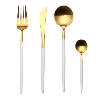 Imagem de Faqueiro 24 Peças Bicolor Aço Inox Dourado Cabo Slim Branco