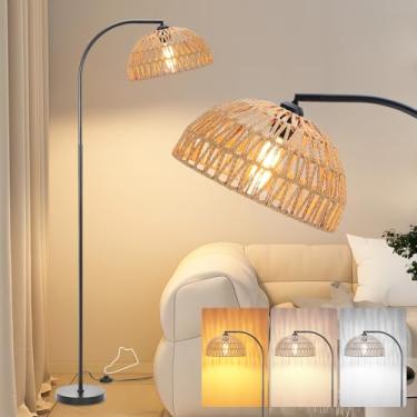 Imagem de Oyxon Luminária De Chão Estilo Boho Arc Para Sala De Estar Com Abajur De Vime, Luminária Alta Vintage Estilo Fazenda De 65 Pol. Com Pedal, Luminária De Pé Estilo Boêmio Para Quarto E Escritório, Lu
