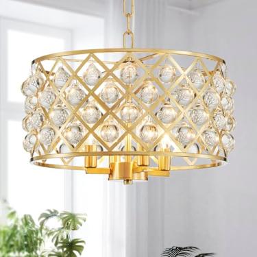 Imagem de SM Saint Mossi Lustre De Cristal Dourado Saint Mossi Para Sala De Jantar, Luminária Pendente Tipo Tambor Com 4 Luzes, Lustre Em Formato De Gota De Chuva Para Quarto E Sala De Estar, Soquete E12, D15