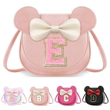 Imagem de XSUIOY Bolsa infantil para meninas, presente de aniversário para crianças, bolsa infantil com inicial personalizada, lindo laço de orelha, presente de menina, Grande-rosa-rosa, E, E