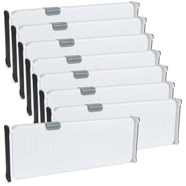Imagem de SUGOOE Pacote com 8 divisórias de gaveta de cozinha, 9,9 cm de altura, 27,4 cm - 43,9 cm organizador de gaveta ajustável para cômoda, roupas, cozinha e armazenamento de escritório