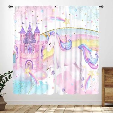 Imagem de Cortinas rosa para quarto de menina, fantasia aquarela castelo colorido céu estrelado unicórnio drpaes para meninas crianças quarto de bebê sala de estar berçário janela tratamentos 2 painéis, 42 x 45