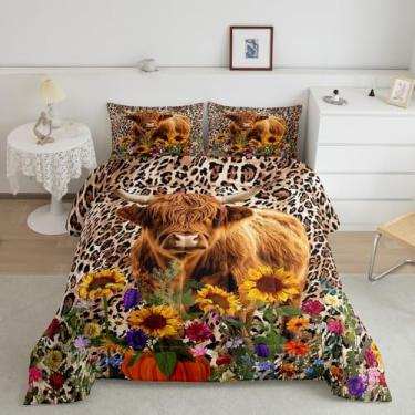Imagem de Conjunto de edredom com estampa de leopardo, bovino ocidental, tamanho casal, decoração de quarto de adolescentes, flor rústica, microfibra macia