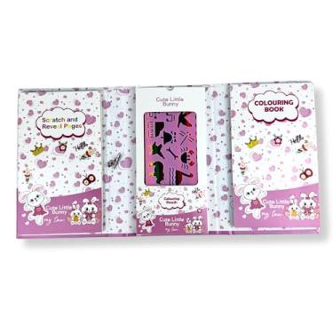 Imagem de Kit Criativo de Colorir 4 Temas Espaço, Dinossauros, Coelhinhos e Fundo do Mar com Lápis de Cor Régua de Desenho e Bloco Mágico Volta as Aulas Escolar Infantil (Rosa Coelhinho)