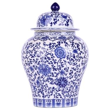 Imagem de Pote de gengibre Chinoiserie – Jarra geral de porcelana azul e branca, vaso de cerâmica feito à mão para decoração de casa, jarra decorativa de estilo chinês clássico (Lótus)