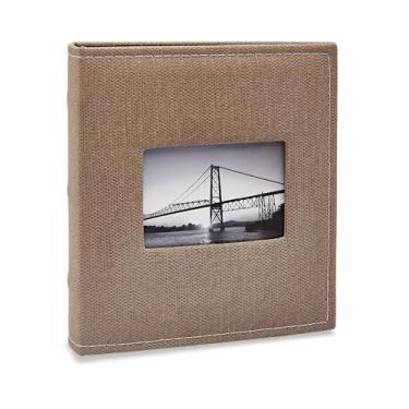 Imagem de Álbum de fotos Ical, encadernação fichário, para 200 fotos 10x15cm - envelope plástico preto - linha Prestige - capa com janela - modelo marrom-médio com costuras e janela - 483