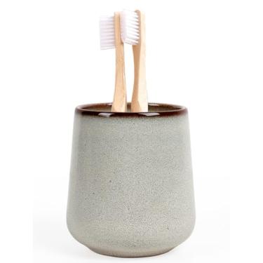 Imagem de INGOFIN Suporte de escova de dentes de cerâmica, suporte de pasta de dente de 340 g, copo de banheiro, suporte de escova de dentes para bancada, organizador de armazenamento para cosméticos, maquiagem