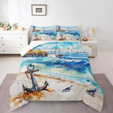Imagem de Castle Fairy Conjunto de edredom infantil, tamanho Queen, âncora náutica, cenário de praia, reversível, para decoração de quarto de meninas, farol do oceano, veleiro, verão, edredom acolchoado com 2