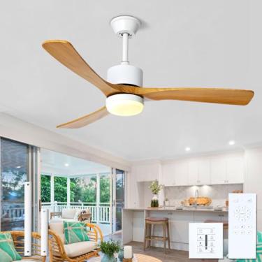 Imagem de WYIXHOOG Ventiladores de teto modernos de 122 cm com luzes, ventilador de teto silencioso de madeira com controle remoto de 6 velocidades, função de memória, luz de teto LED para quarto, sala de estar
