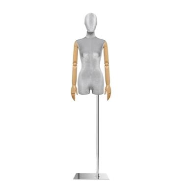 Imagem de Mannequin Manequins de varejo com corpo sexy, suporte de metal, braços de madeira que podem girar e posar, altura ajustável de 62,2 a 78,7 pol., torso de veludo(Gray,Square)