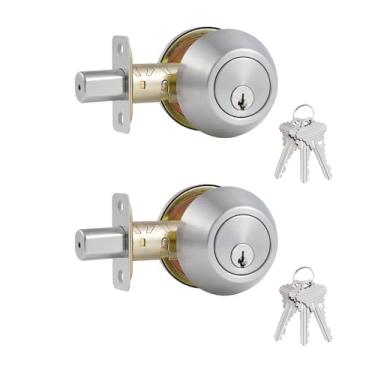 Imagem de Comfhouse 1 fechadura lateral com chave, parafuso morto de cilindro único, níquel acetinado redondo fechadura de entrada frontal com chave interna, pacote com 2