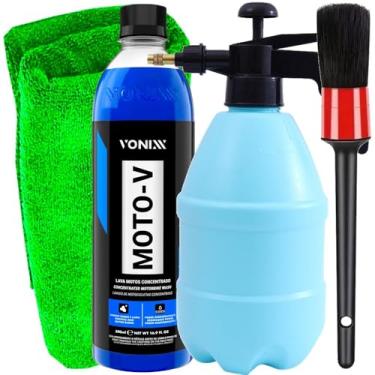 Imagem de Kit Limpeza Automotiva Shampoo Moto-V Vonixx Pulverizador Compressão Prévia Toalha Microfibra Pincel Karbox