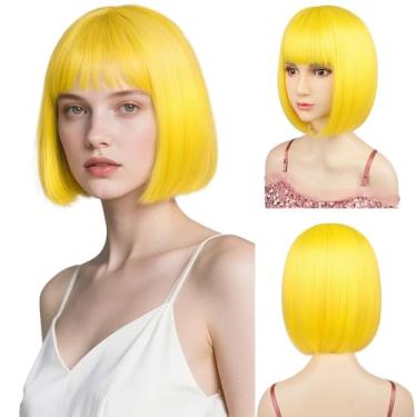 Imagem de Perucas Bob com franja reta plana de 30,5 cm cabelo de fibra sintética inclui touca de peruca amarela para todas as mulheres, crianças, festa à fantasia, Halloween, perucas coloridas (amarelo)