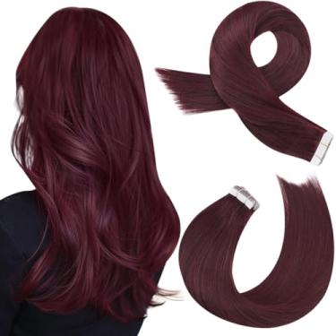 Imagem de Moresoo Extensões de cabelo bordô com fita vinílica acetinada, 25,4 cm, fita para cabelo humano, 20 peças, 30 g, extensões de vinho tinto, cola em cor de cabelo humano real #99J