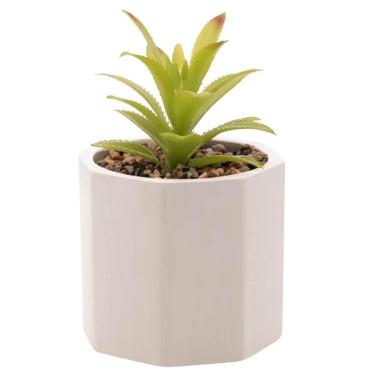 Imagem de Cachepot de Cimento com Suculenta Artificial Branco 10x15cm Wolff Vaso Pequeno Decorativo