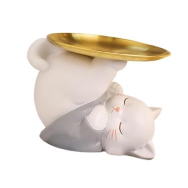 Imagem de Bothyi Estátua de gato de resina com bandeja, adorável porta-chaves multifuncional, escultura de animal para armário de TV, prateleira, mesa de jantar