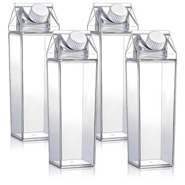 Imagem de ZJRDYYK 4 garrafas de água de caixa de leite de 500 ml, garrafas de leite de plástico reutilizáveis portáteis, recipiente de caixa de leite transparente, garrafa de suco quadrada, garrafa de caixa de