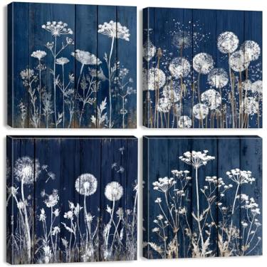 Imagem de Arte de parede de dente-de-leão azul marinho decoração de parede de banheiro boêmio branco botânico floral pôsteres para quarto retrô vintage minimalista flores impressões em tela planta tropical