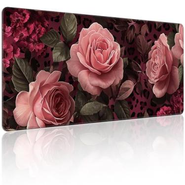 Imagem de KOBWOPI 90 x 39,9 cm, 2GG, tapete de mouse grande para mesa, teclado estendido para escritório de computador, mouse pad grande com bordas costuradas, padrão de leopardo rosa rosa para jogos