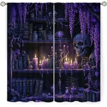 Imagem de OLYPRO Cortina de janela blackout com bolso para varão com isolamento térmico de caveira, conjunto de 2 painéis, escurecimento de ambiente, redução de ruído, cortina floral para sala de estar e quarto