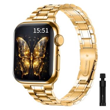 Imagem de maenwvo Pulseira de relógio dourada compatível com Apple Watch de 42 mm (série 10) de 41 mm, 40 mm e 38 mm, pulseira de aço inoxidável para Apple Watch séries 9, 8, 7, 6, 5, 4, 3, 2, 1 e SE