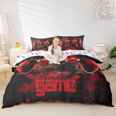 Imagem de Manfei Conjunto de capa de edredom vermelho para jogos, tamanho casal, console de videogame, 3 peças, capa de edredom moderna para gamepad, decoração de quarto de crianças, meninos e adolescentes