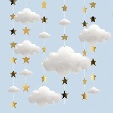 Imagem de LYCRAFTS 11 peças de decoração de nuvens 3D penduradas no teto da sala de aula, ornamentos de nuvens de feltro branco com estrelas, guirlanda para quarto, berçário, parede, aniversário, festa de chá