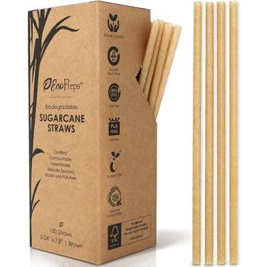 Imagem de EcoPreps Canudos biodegradáveis de cana de açúcar | 150 unidades, 100% compostável, sem plástico e ecológico | Canudos descartáveis de fibra de açúcar de 19 cm, canudo de smoothie para casa,