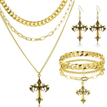Imagem de Tondiamo Conjunto de 3 peças de joias góticas de colar de cruz para mulheres, brincos góticos, pulseira em camadas, gargantilha Y2k, acessório de fantasia, ONE SIZE, liga metálica, pérola sintética