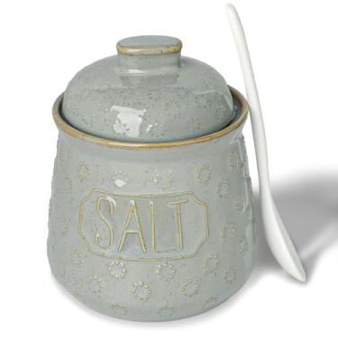 Imagem de QUXIJA Tigela de sal e pimenta com tampa e colher, adega de especiarias de cerâmica de 293 ml para bancada de cozinha, decoração de cozinha de fazenda (cinza vintage, sal de etiqueta de 11 cm)