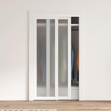 Imagem de ARKHJEM Porta deslizante para armário, porta de vidro fosco temperado simples 121 x 203 cm, ferragens incluídas, porta acabada, MDF, branco