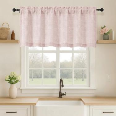 Imagem de OVZME Saia rosa blush para janelas, cortinas curtas de linho sintético texturizadas com filtro de luz para janelas, cortina curta para casa de banho, 152 cm L x 56 cm C, 1 peça