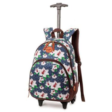 Imagem de Mochila Escolar Feminina Floral Camelia com Rodinha Azul Escura - Baga