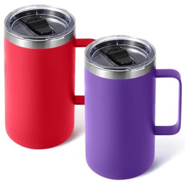 Imagem de Volhoply Caneca de café isolada de 680 g com tampa e canudo, canecas de viagem de aço inoxidável com alça, copo de café à prova de vazamento de parede dupla à prova de vazamento (Mix, 2)
