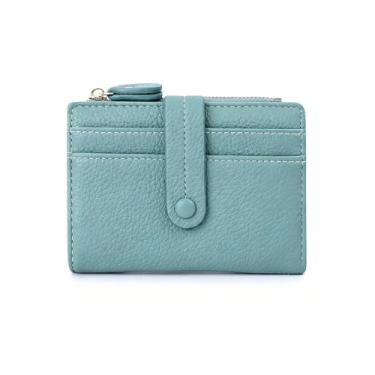 Imagem de Carteira feminina pequena, dobrável, de couro com bloqueio de RFID, porta-moedas com janela para identidade e porta-cartão de crédito, Verde claro, liso