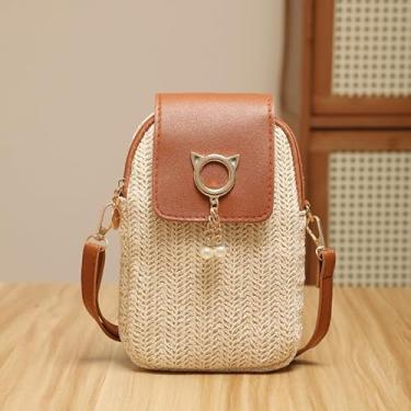 Imagem de Bolsa tiracolo feminina fofa de palha, bolsa de ombro de palha de algodão tecida à mão, bolsa boêmia de praia com borla, bolsas para celular e carteira para uso diário - bolsa de pulso conversível com