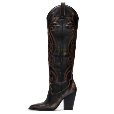 Imagem de Dystralix Botas femininas vintage bordadas, cano alto, estilo faroeste, camurça, salto alto, grosso, bico fino, botas de cowgirl altas, de cetim, cravejadas, de combate, para outono, inverno, elegante